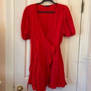 Zara red wrap linen short sleeve dress